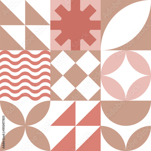 Seamless pattern of waves, triangles, and stylized floral or leaf shapes. Geometric background in pink, peach, and white. Minimalist vector art style. May be used for wallpapers, fabrics, posters,