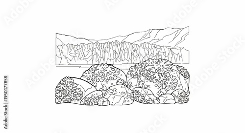 Stylized line drawing depicts a rocky shoreline in the foreground, with a glacier and mountains in the background