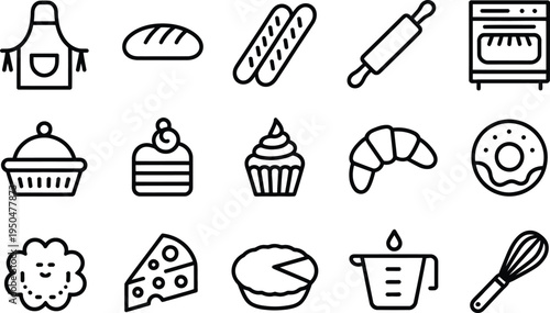 Baking Icons - Line Art Collection for Bakery and Food with Rolling Pin with Measuring Cup