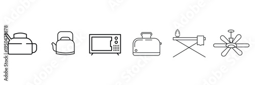 Home appliance and lifestyle objects featuring teapot kettle microwave toaster ironing board and ceiling fan as icon vector illustration set