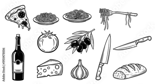 Italian Food Ingredients and Traditional Cuisine Vector Set