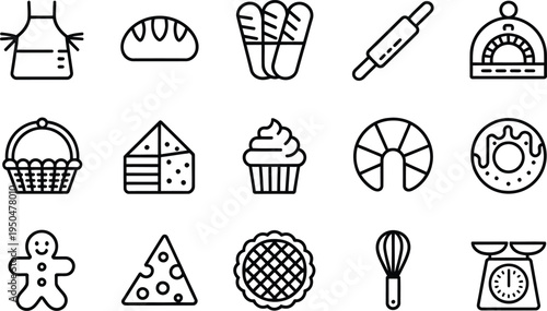 Bakery and Baking Icons - Simple Line Art Food Collection with Gingerbread Man
