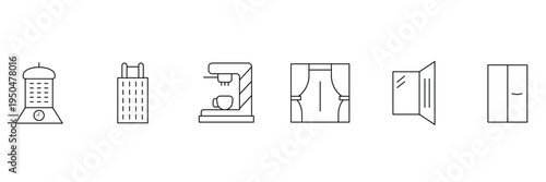 Household lifestyle and interior objects featuring lantern grater coffee machine window curtains mirror and wardrobe as icon vector illustration set