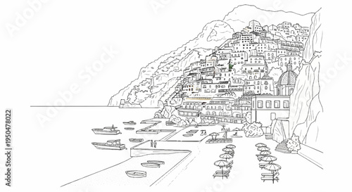 Cliffside town overlooks a coastal scene with boats and umbrellas