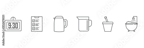 Daily lifestyle essentials and home objects including digital clock clipboard checklist kettle pitcher mortar pestle and bathtub as icon vector