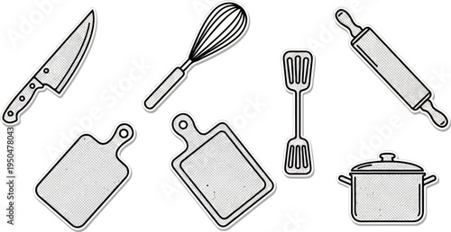 Collection of kitchen utensils including a knife, whisk, spatula, rolling pin, chopping boards, and pot