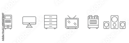Home electronics and furniture set including cabinet computer monitor chest of drawers television gas stove and speakers as icon vector