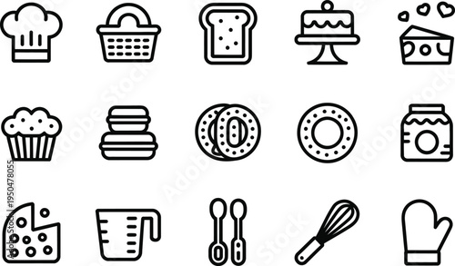 Baking and Cooking Icons: Chef Hat, Muffin, Bread, Cake, Cheese, Jar,