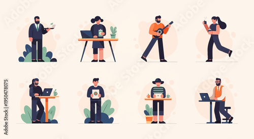 Diverse individuals engaged in various activities, including work, music, and leisure