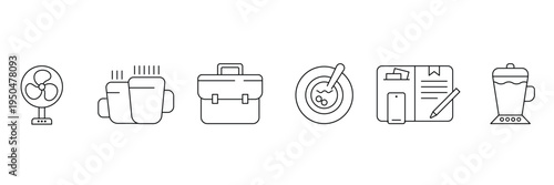 Household and office lifestyle objects featuring fan coffee cups briefcase soup bowl planner and blender as icon vector illustration set