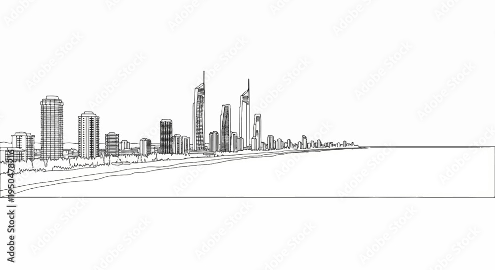 Obraz premium A sketched coastline features a sprawling city skyline with diverse tall buildings