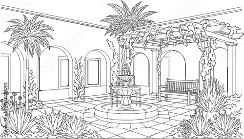 Courtyard with fountain, bench, palm trees and arched walkways