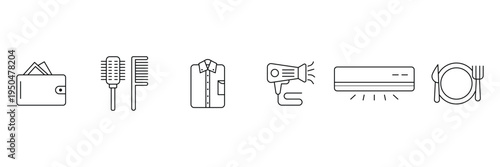 Home essentials and lifestyle objects including wallet hairbrush shirt hairdryer air conditioner and cutlery as icon vector illustration