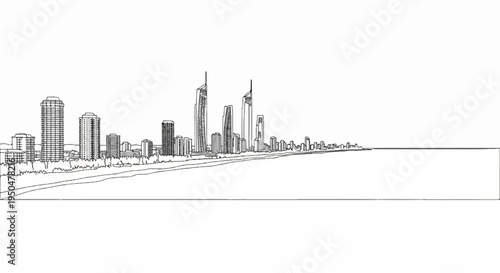A sketched coastline features a sprawling city skyline with diverse tall buildings