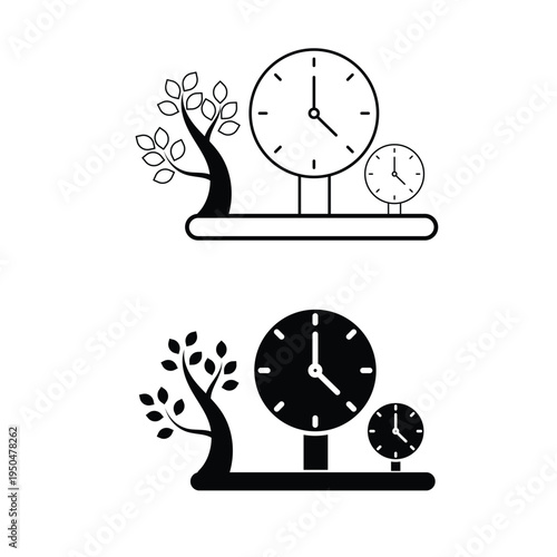 Decorative table clock with tree design for home interior and time management concept as icon vector illustration set
