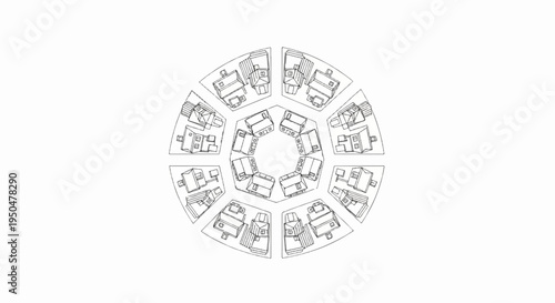 Circular arrangement of simplified house illustrations, some with attached garages