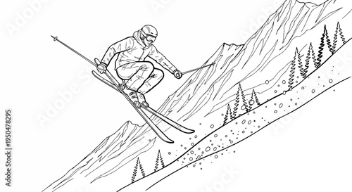 A skier in mid-air descends a steep, rocky slope, with trees