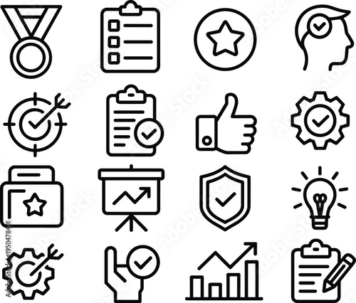 Black and white line of business and achievement symbols