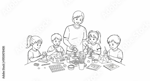 Adult leads children in art class, creating figures and crafts