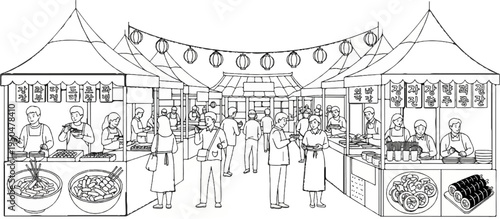 Busy outdoor market with food stalls and people shopping