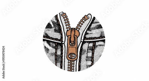 Close-up circular sketch of an open zipper with a bronze pull tab