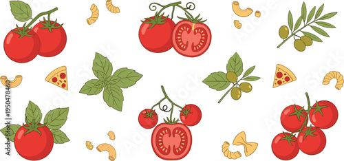 Fresh Tomato and Olive Mediterranean Food Collection with Basil Leaves, Pizza Slices, and Pasta Ingredients for Italian Cuisine Illustration