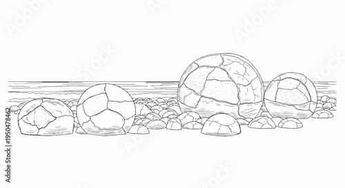 Cracked, weathered spherical stones line a stony shore under a striped sky