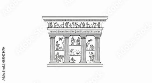 Ancient relief depicting mythological scenes, figures, and architectural elements