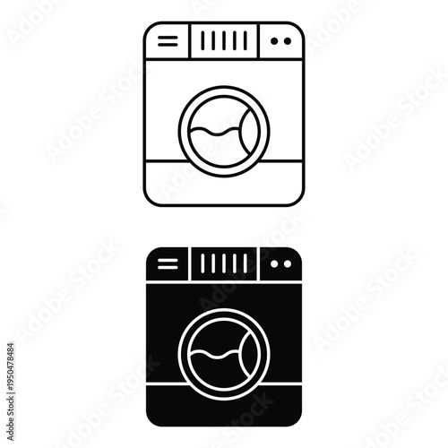 Washing machine for laundry and clothes cleaning showing front load electronic appliance for home housework as icon vector illustration set