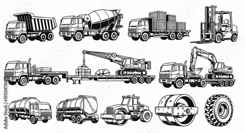 Heavy Construction Vehicles and Industrial Machinery Vector Set