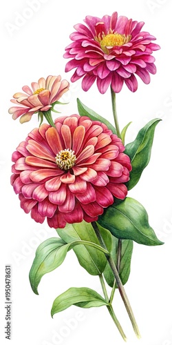 Beautiful Watercolor Painting of Pink Zinnia Flowers with Lush Green Leaves