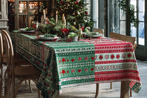 festive Christmas dining sheet table cover with red and green patterns