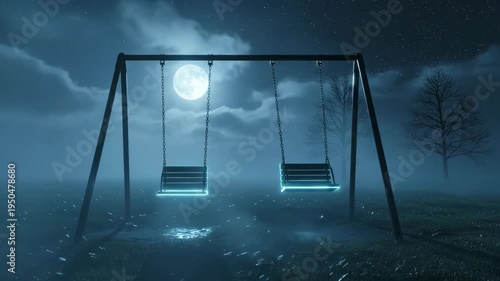 Empty Playground Swing Set Under Moonlit Night Sky.