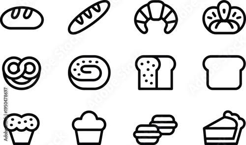 Crative Bakery Icons  Bread, Croissant, Pretzel, Muffin, Macaron, Cake Slice, Flat Design