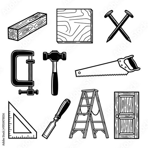 Professional Woodworking and Carpentry Tools Vector Set