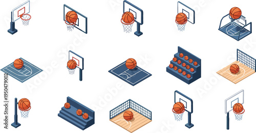 Isometric Basketball Court and Hoop Icon Set with Balls, Nets, Racks, and Game Equipment for Sports Arenas, Training Facilities, and Athletic Design