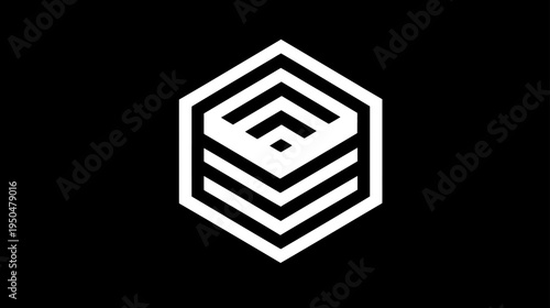 Abstract white geometric hexagonal icon with stacked layers on a black background, representing technology, data, or digital structure.