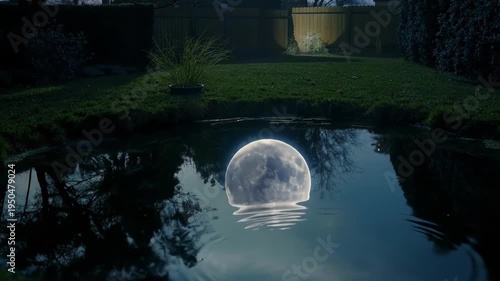 Full Moon Reflected in Calm Nighttime Pond Scene.