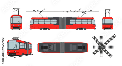 Detailed illustration of a modern red tram from multiple angles for design and architectural visualization