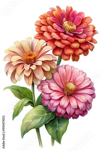 Wallpaper Mural Watercolor Painting of Three Zinnia Flowers in Peach, Orange, and Pink Tones Torontodigital.ca