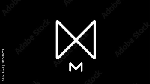Modern abstract geometric white symbol with intersecting lines and letter M on a stark black background, minimal graphic design icon.