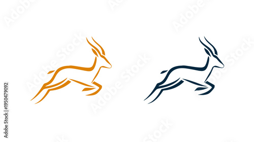 Dynamic stylized jumping gazelle or antelope vector illustration. Minimalist animal symbol in brown and blue, representing speed and grace.