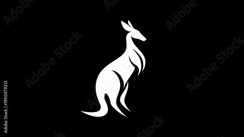 White kangaroo silhouette on a black background. Stylized minimalist animal icon. Australian wildlife mammal design element.