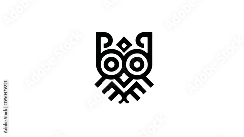 Modern minimalist geometric owl logo design. Abstract black and white graphic icon representing wisdom, intelligence, and nocturnal nature.