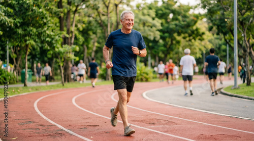 Elderly man running on track in park. Senior athlete jogging during morning exercise for fitness and healthy lifestyle. Active retirement concept with outdoor sports in nature area.