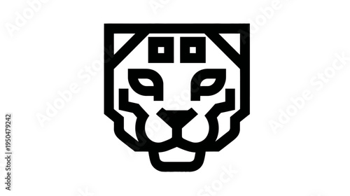 Geometric black feline head icon with square eyes, a minimalist stylized wild cat face illustration on a white background, vector.