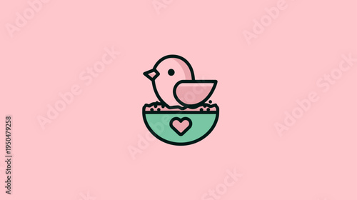 Cute pink bird with a heart in a cozy nest, adorable minimalist flat design illustration for spring, love, and nature themes.