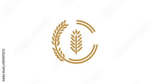 Minimalist stylized golden wheat grain symbol icon with a circular design element, organic agriculture and healthy food concept