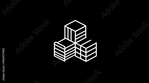 Abstract isometric white outline icon of three stacked geometric cubes on black, representing data, structure, technology, or design.