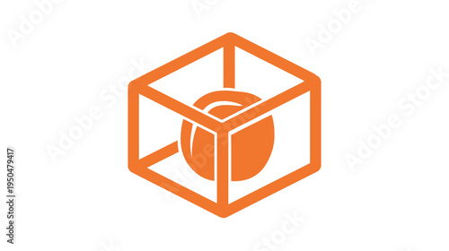 Orange sphere inside a wireframe cube. Abstract geometric 3D graphic illustration for technology, data, storage, or business concepts.